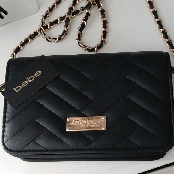 Bebe Sophia Black Crossbody Quilted Chevron Chain Strap Card Holder Tassel - Picture 3 of 13